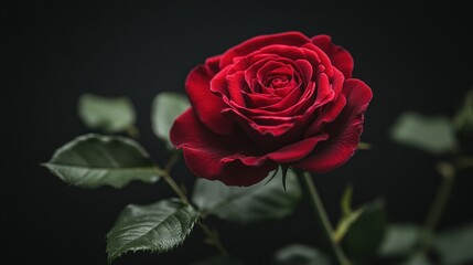 Naklejka premium A close-up of a vibrant red rose against a dark background, showcasing its delicate petals and lush green leaves.