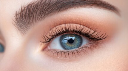 Obraz premium A close-up view of a human eye showcasing vibrant blue and green hues, emphasizing detail in eyelashes and skin tone.