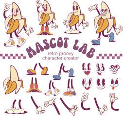 Retro  groovy banana character creation kit, vintage  mascot parts