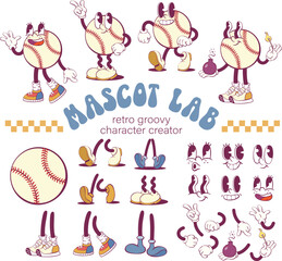 Retro  groovy baseball character creation kit, vintage mascot parts