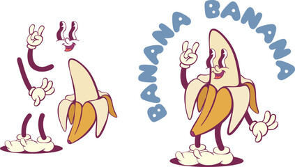 Retro  groovy banana character creation kit, vintage  mascot parts