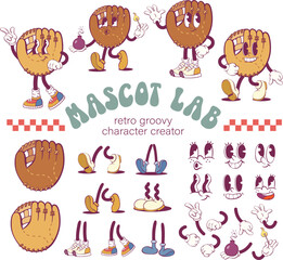 Retro  groovy baseball character creation kit, vintage mascot parts