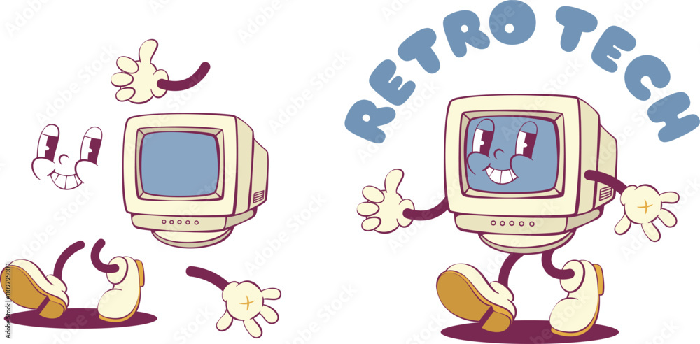Poster Retro computer groovy character creation kit, vintage PC mascot parts