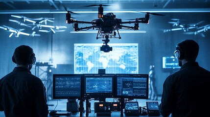 Drone operators monitoring a large drone in a control room with a world map displayed.
