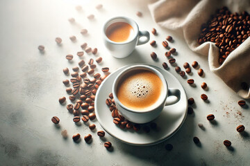 A cup of aromatic coffee from above on a light background. Coffee concept. Generative AI