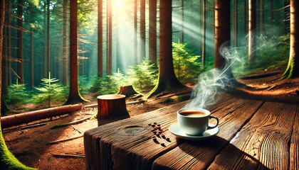 A cup of aromatic coffee on a wooden table in the forest. Coffee concept. Generative AI