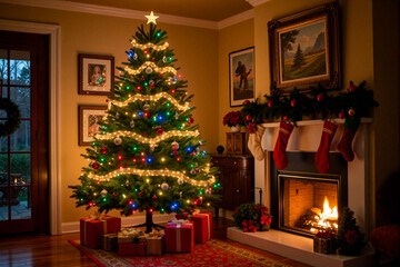 &Aacute;rbol de navidad junto a una chimenea.