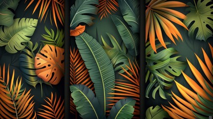 A vibrant arrangement of tropical leaves in green and orange hues, creating a lush and dynamic visual effect.