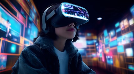 VR headset, 3D game world background, gaming style environment, floating colorful voxel islands, digital headset