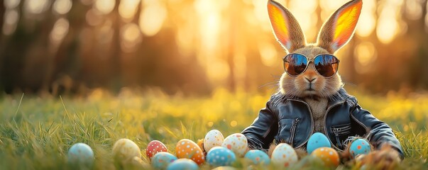 easter bunny with cool sunglass a leather jacket and a cool backpack with easter eggs, background blurred and warm spring mood