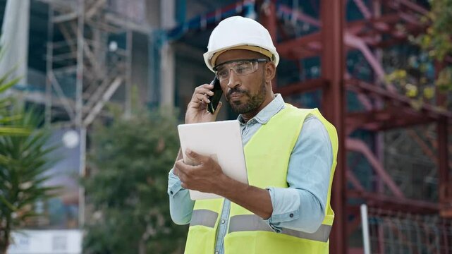 Video of attractive man with worker's helmet talking on the walkie talkie while passing list with digital tablet near a construction
