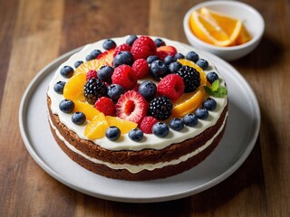 Delicious cake with fruit and berries decoration