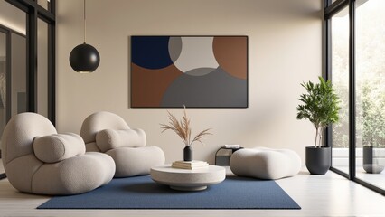 Generative AI, A Bright and Airy Living Room Merging Geometric Art, Textured Furniture, and Subtle Contrasts for a Perfect Blend of Whimsy and Elegance