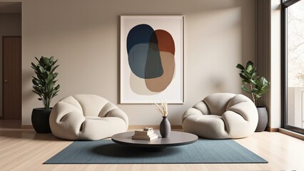 Generative AI, A Bright and Airy Living Room Merging Geometric Art, Textured Furniture, and Subtle Contrasts for a Perfect Blend of Whimsy and Elegance