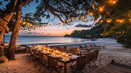 Romantic Beachside Dinner with Fairy Lights at Sunset in Paradise