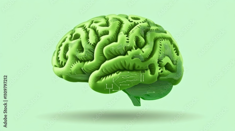 Poster green brain with circuit patterns symbolizes ai and technology integration, ai