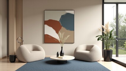 Generative AI, A Bright and Airy Living Room Merging Geometric Art, Textured Furniture, and Subtle Contrasts for a Perfect Blend of Whimsy and Elegance