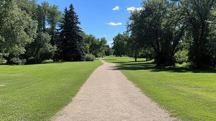 Serene Park Pathway with Lush Green Trees and Clear Blue Sky