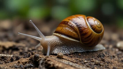 Close-up of a brown garden snail crawling on dark soil.