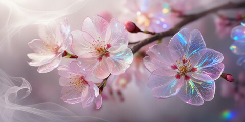 cherry blossom flower in foggy spectrum background, created by Generative AI