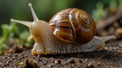 Close-up of a snail crawling on the ground. (1)