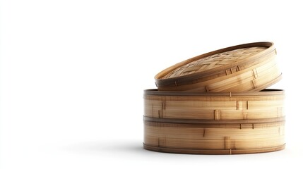 Bamboo steamer with two stacked layers, lid open, isolated on white background 