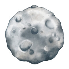Hand drawn watercolor illustration of the moon, isolated on white background. Cartoon moon with craters and watercolor paper texture.