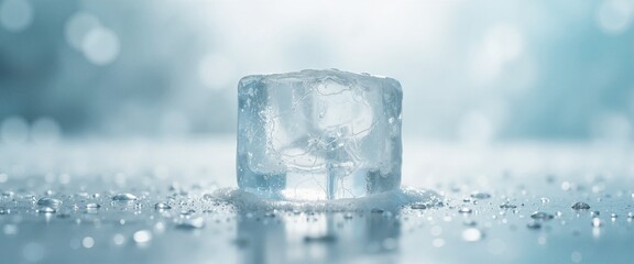 Obraz premium Single Ice Cube Melting in Cool Blue Tones with Copy Space