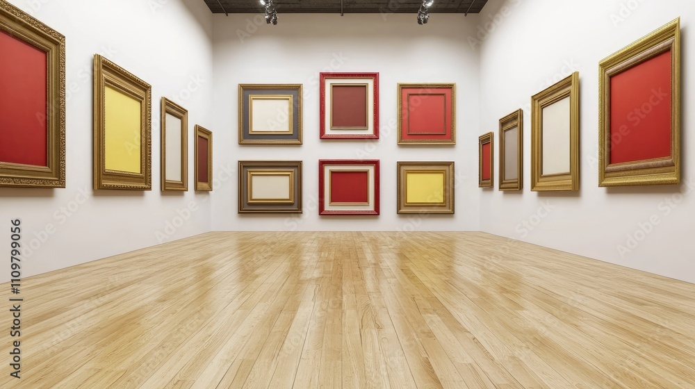 Poster empty art gallery with colorful frames on bright walls