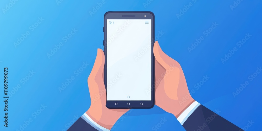 Poster hand grasping mobile device, engaging with touchscreen interface in a minimalist business setting