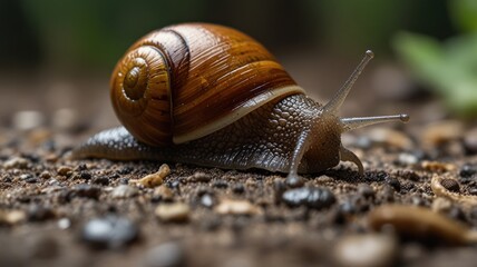 Close-up of a brown garden snail crawling on soil.