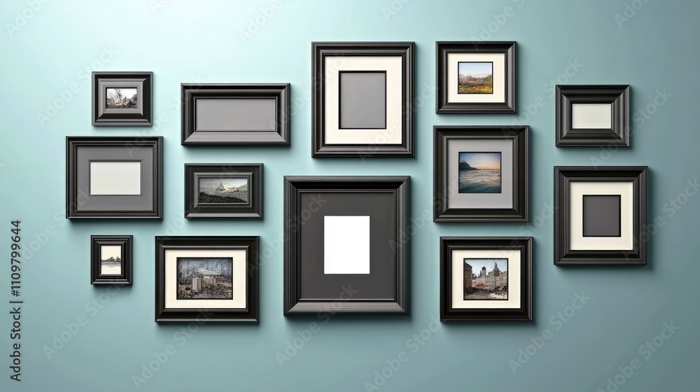 Poster black frame gallery wall with empty and filled picture frames