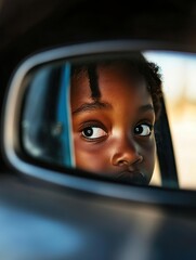 Cheerful little african american daughter sitting on back seat of car looking at mother from mirror while travelling. Young fun woman with cheerful female kid enjoying road trip. Traveling in car