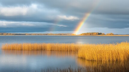 Serene Lake Landscape with Rainbow and Golden Reeds in Nature