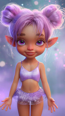 Fototapeta premium 3D animated fairy pastel pink purple hair sparkling dress fantasy wings large expressive eyes magical glowing background whimsical playful children stories fantasy artwork girl character game design