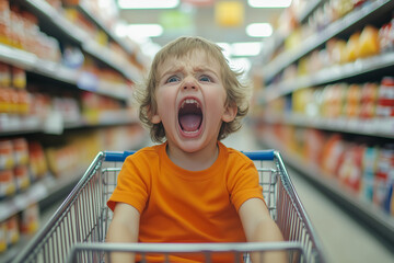 A child in an orange shirt screams from a shopping cart in the middle of a supermarket aisle, expressing frustration or distress amidst the bustling surroundings.