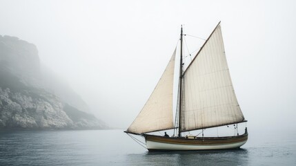 Fototapeta premium Misty Seascape with Classic Sailboat Gliding Through Fog