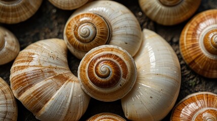 Close-up of various snail shells on dark background.