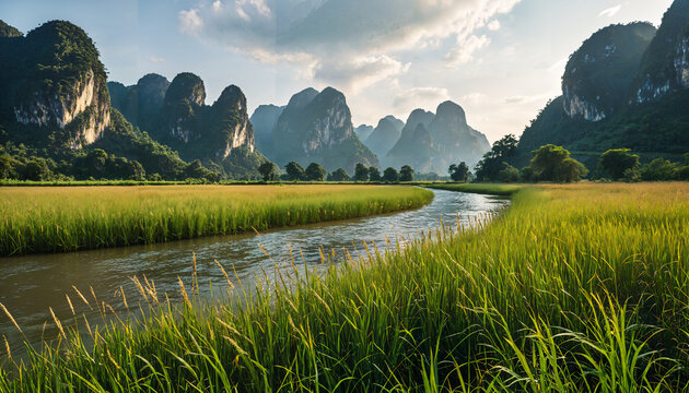 Paysage de rizi&egrave;res et montagnes karstiques