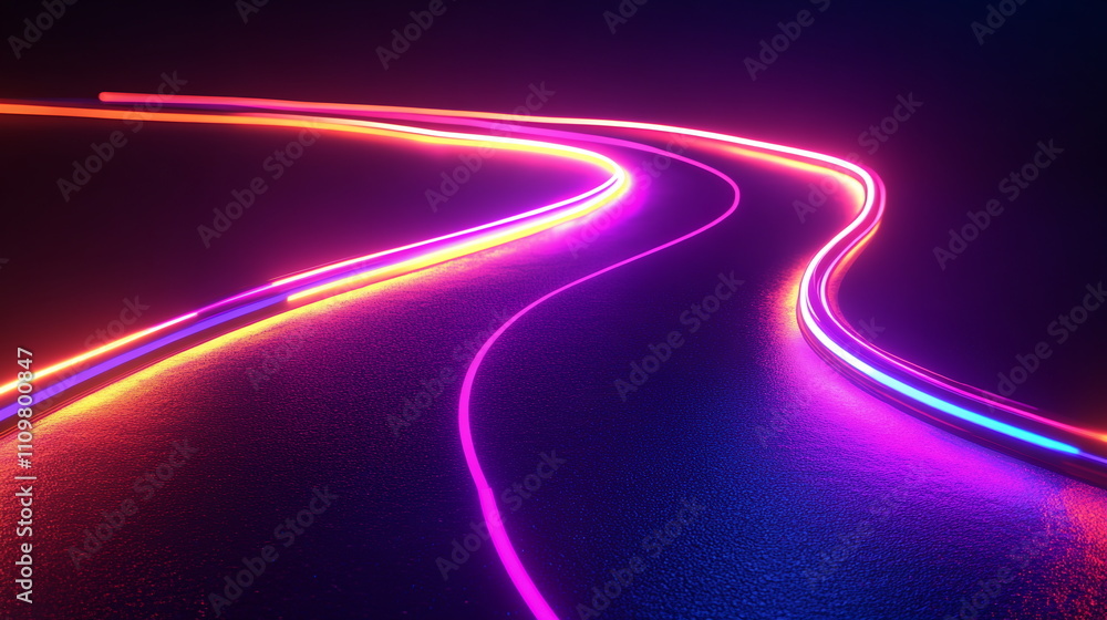 Poster abstract neon pathways. bright lines curving in various directions. dark background highlighting glo