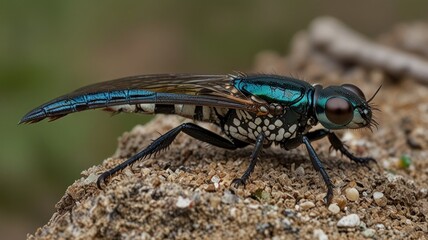 Fototapeta premium Close-up of a metallic blue and black insect with white spots on its body, perched on a piece of wood.