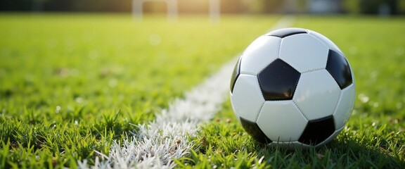 Soccer ball with vibrant energy resting on grassy field against sunny goal background with copy space