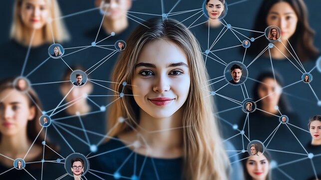 A diverse network of interconnected people portraits symbolizing social connections and professional networking