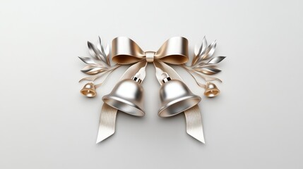 Elegant holiday letter logo, decorated with silver bells and ribbons, minimalist gold theme 
