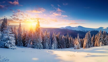 Obraz premium a panoramic view on high mountain winter forest amazing sunrise lawn covered in snow natural landscape with beautiful sky snowy background location place the carpathian ukraine europe
