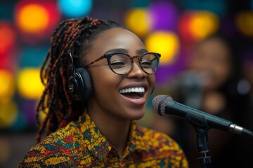 radio presenter sitting in a chair, shouts with a smile in her face into a microphone, mouth open, during radio recordings in a radio station studio