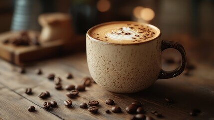 A cozy coffee cup with latte art on a wooden table.