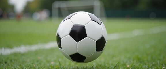 Soccer ball ready for action on green grass field with goal post