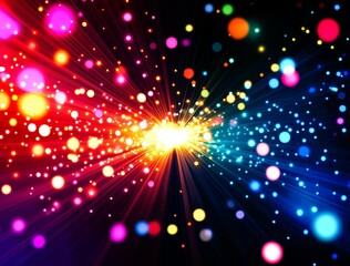 Fototapeta premium A vibrant and colorful background of lights with an array of multicolored dots with beams radiating outwards from central points, generating a dynamic effect. The lighting is bright and sparkling aga
