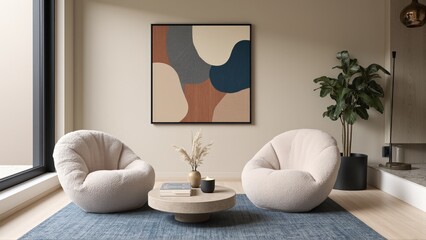 Generative AI, A Bright and Airy Living Room Merging Geometric Art, Textured Furniture, and Subtle Contrasts for a Perfect Blend of Whimsy and Elegance